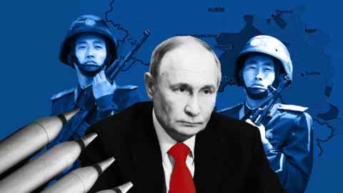 A montage showing Vladimir Putin, two North Korean troops and missiles over a background of a map of Kursk