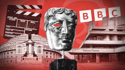 A montage of a BAFTA award, with the National Theatre, Royal Albert Hall, a film clapper and BBC logo in the background