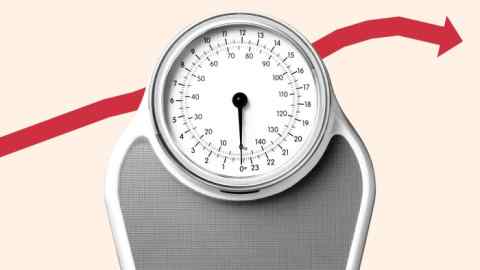 Montage of images. An old fashioned bathroom scale with a red chart line showing the peak and dip of US obesity in the background.