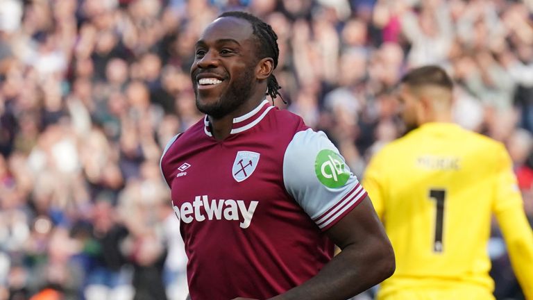 West Ham United's Michail Antonio celebrates scoring the opening goal in the game against Ipswich