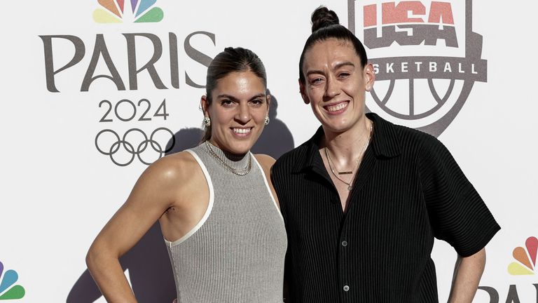 Former Spain basketball player Marta Xargay (L) and USA's women basketball team player Breanna Stewart pose as they arrive to attend Comcast NBCUniversal and NBA's Celebration of US Basketball in the Paris 2024 Olympics with the US men and women basketball teams, at the Team USA house at Palais Brongniart in Paris on August 5, 2024, during the Paris 2024 Olympic Games. (Photo by STEPHANE DE SAKUTIN / AFP)