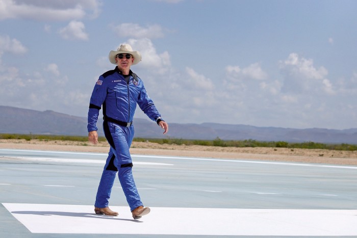 Jeff Bezos at his company Blue Origin’s launch site in Van Horn, Texas, after a flight to space on its New Shepard rocket in July 2021