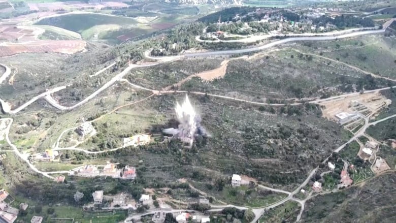 An aerial view shows an explosion in a location given as Lebanon, amid ongoing hostilities between Hezbollah and Israeli forces, in this screen grab taken from a handout video released on October 1, 2024.