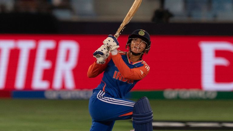 India's Smriti Mandhana bats during the ICC Women's T20 World Cup 2024 match between India and Sri Lanka at Dubai International Stadium, United Arab Emirates, Wednesday, Oct. 9, 2024. (AP Photo/Altaf Qadri)