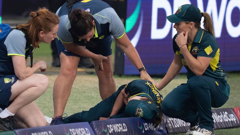 Tayla Vlaeminck injured for Australia against Pakistan in Women's T20 World Cup (Associated Press)