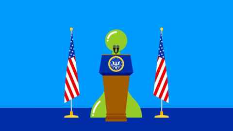 An illustration of a counter standing behind a podium marked with the US presidential seal