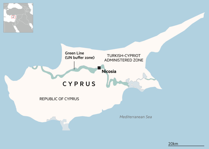 Map of Cyprus showing the Republic of Cyprus, the Turkish-Cypriot administered zone and the Green Line (UN buffer zone)