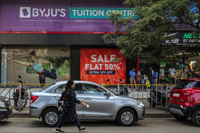 A Byju's Tuition Centre in Mumbai displays signage for classes 4-10