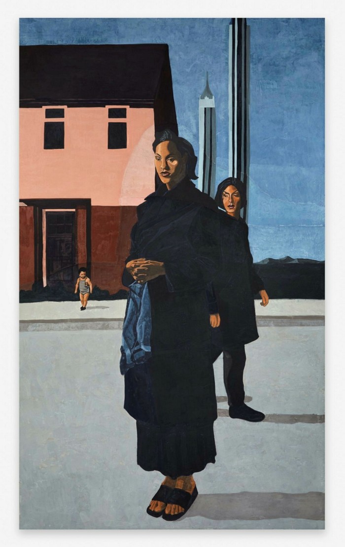 Painting of two women on a street, wearing dark shawl-like dresses and black sandals, with an end-of-terrace house behind them and two high-rise buildings on the landscape