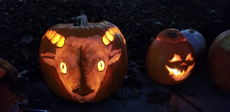 Two lit pumpkins in the dark, one of a goat, and a more traditional jack o' lantern