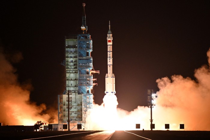 A long March-2F carrier rocket carrying the Shenzhou-19 spacecraft and crew of three astronauts lifts off from the Jiuquan Satellite Launch Center, in the Gobi desert, northwest China