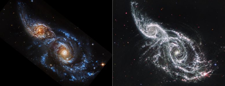 Galaxies IC 2163 and NGC 2207 (Hubble and Webb Images Side by Side)