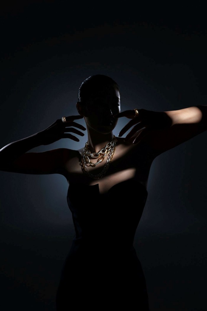 A photo of a female fashion model, her features in shade with light falling only on her collar to show the bold chain necklaces she wears