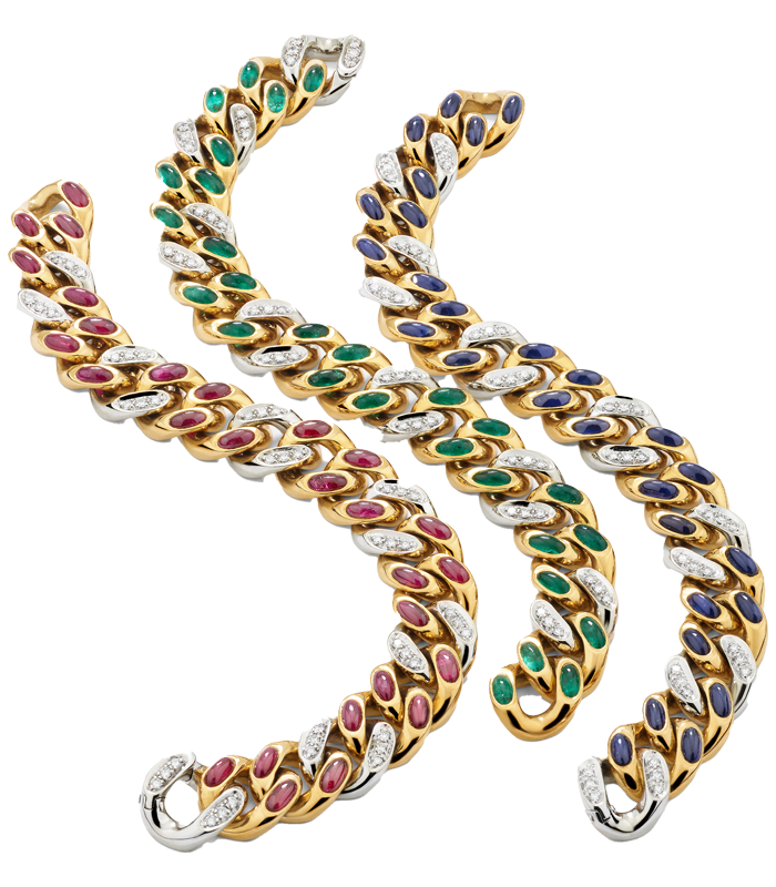 Three gold bracelets of intricate chain links interspersed with coloured gemstones