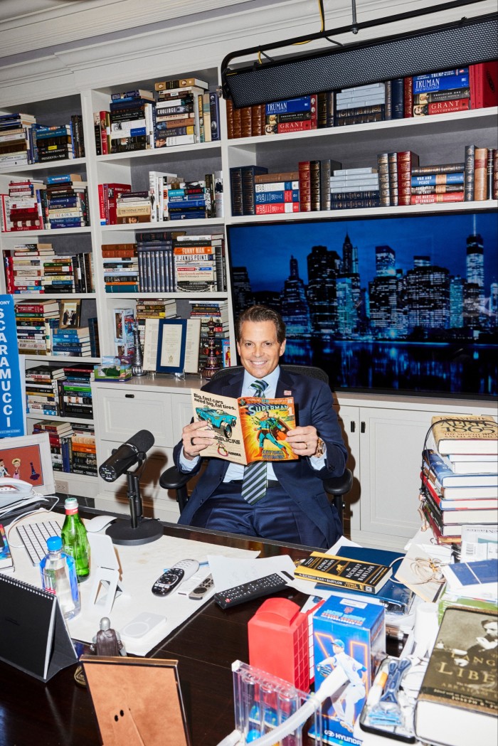 Anthony Scaramucci at home in Long Island with issue #1 of The Amazing New Adventures of Superman