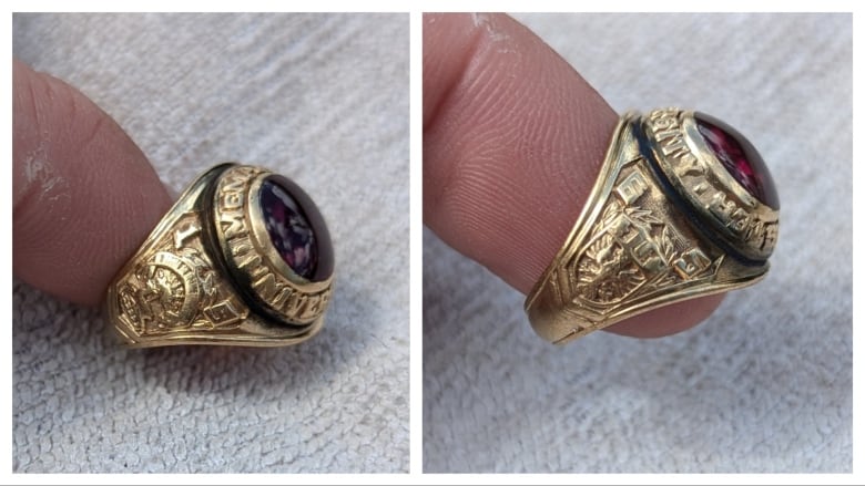 A collage showing two close-ups of a gold class ring with a maroon gem. 