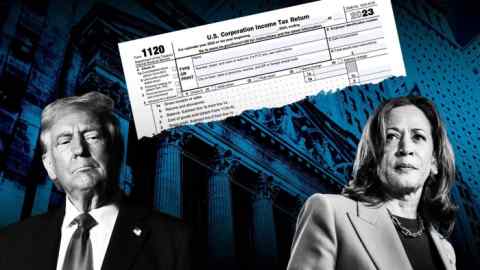 Montage of Donald Trump, Kamala Harris and a corporate tax return form