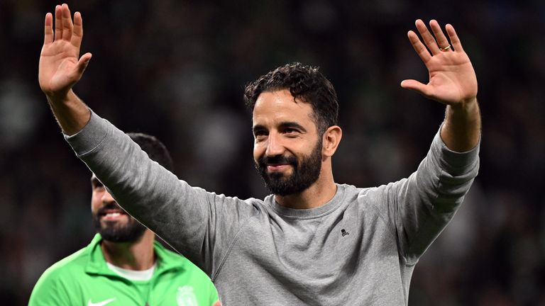 Ruben Amorim waves to Sporting fans after their 4-1 win over Manchester City