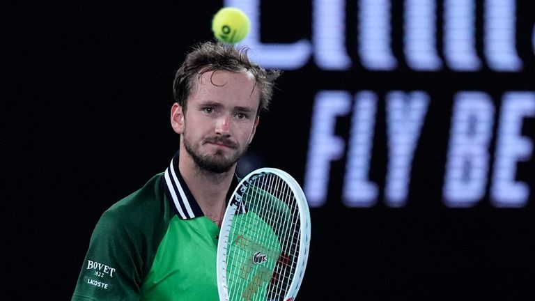 Daniil Medvedev of Russia reacts after winning the second set against Jannik Sinner of Italy during the men's singles final at the Australian Open tennis championships at Melbourne Park, in Melbourne, Australia, Sunday, Jan. 28, 2024. (AP Photo/Andy Wong)