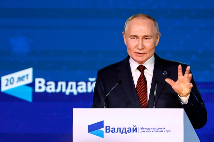 Vladimir Putin speaks at an event in Sochi, Russia on Thursday 