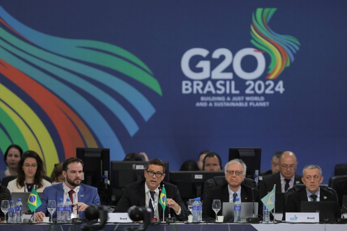 Brazil’s central bank president Roberto Campos Neto speaks during the opening of the G20 Finance Ministers and central banks governors meeting, in Sao Paulo, Brazil, February 28, 2024