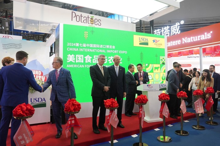 Allan Gabor, chair of the American Chamber of Commerce in Shanghai, at the opening ceremony for a pavilion promoting American food and agriculture at the China International Import Expo on Wednesday