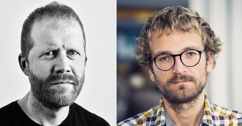 Headshots of two frowning men. The one on the left is in black and white. The one on the right is in colour.