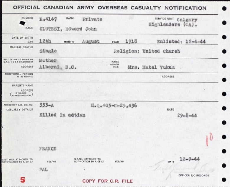 A document that reads "official Canadian Army overseas casualty notification"