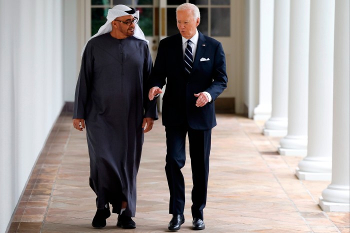 Sheikh Mohamed bin Zayed al-Nahyan, left, walks next to US President Joe Biden at the White House in Washington DC, US on September 23 2024