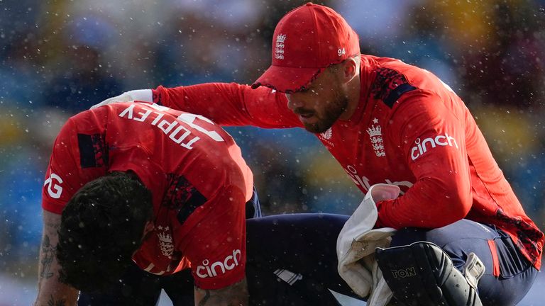 Reece Topley injured himself in the first T20 against West Indies in Barbados (Associated Press)