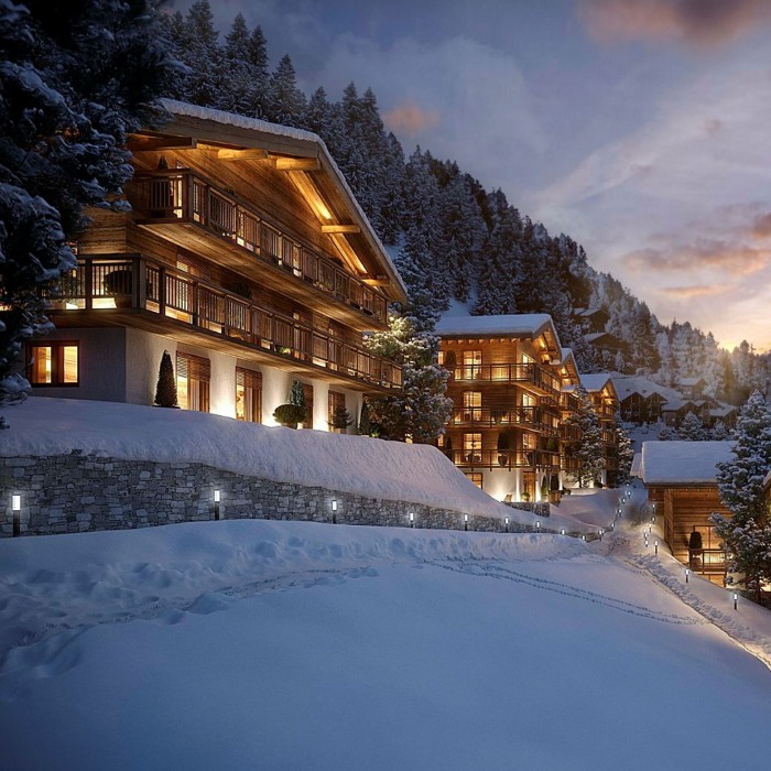 A hotel at night, in a snowy landscape