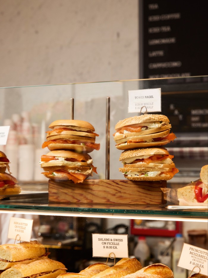 The “tower of bagel” on the counter