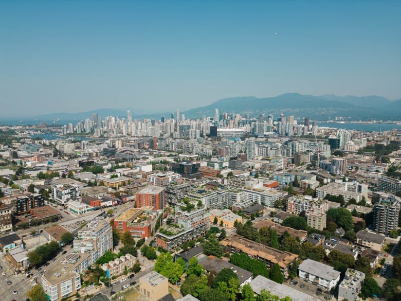 An expansive city skyline, with mountains in the background and skyscrapers visible.