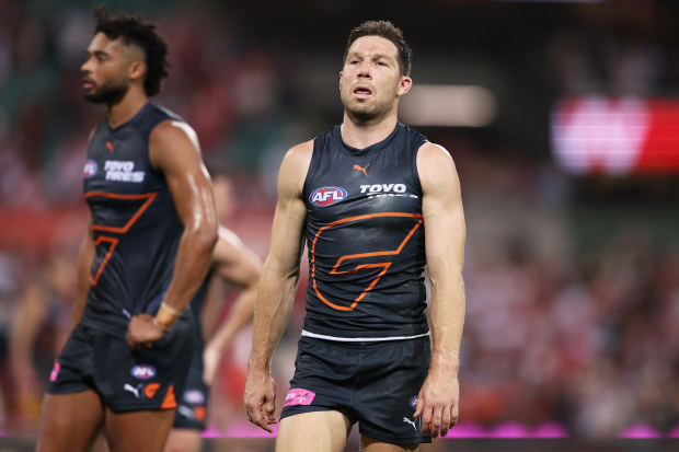 Toby Greene of the Giants looks dejected after the AFL First Qualifying Final match between Sydney Swans and Greater Western Sydney Giants at Sydney Cricket Ground, on September 07, 2024, in Sydney, Australia. (Photo by Matt King/AFL Photos/via Getty Images)