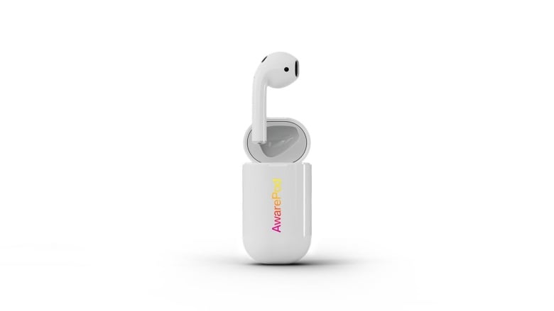 A white earbud that says AwarePod