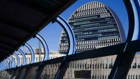 A BBVA logo on display outside the headquarters of Banco Bilbao Vizcaya Argentaria SA (BBVA) in Madrid, Spain