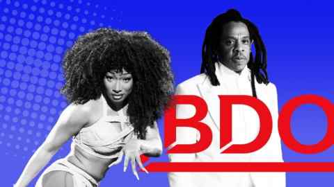 A montage of Megan Thee Stallion, Jay-Z and the BDO logo