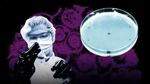 A montage showing a scientist wearing protective gear, including a hairnet, mask, and gloves, handling a syringe. To the right, a petri dish with nematodes visible inside. The background features an image of pancreatic cancer cells.