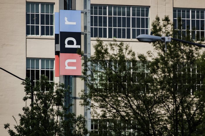 NPR signage outside the National Public Radio headquarters in Washington