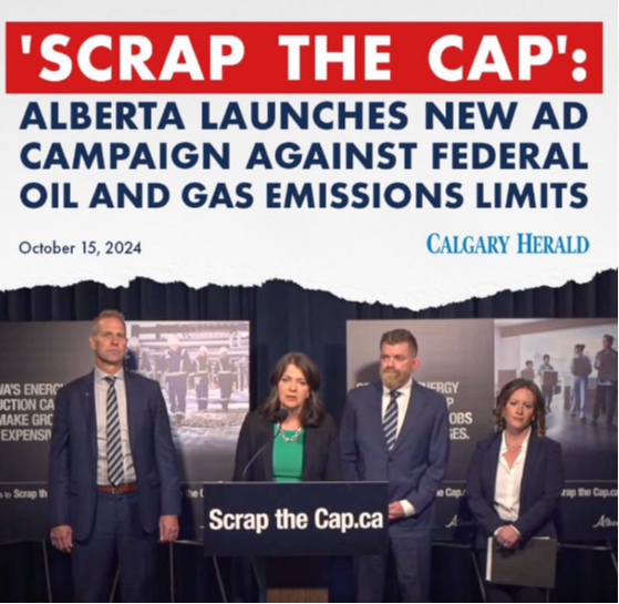 Four Alberta officials at a news conference to launch the campaign