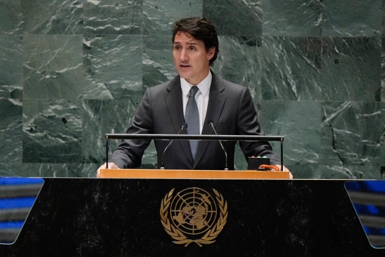 A brown-haired man wearing a dark grey suit speaks at a podium.