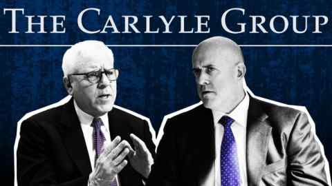 A montage of David Rubenstein and Harvey Schwartz with the logo of The Carlyle Group in the background