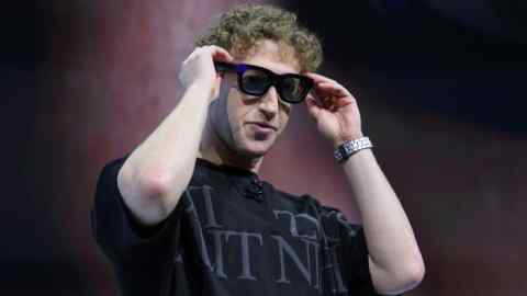 Mark Zuckerberg wears the Orion AR glasses during the Meta event on Wednesday