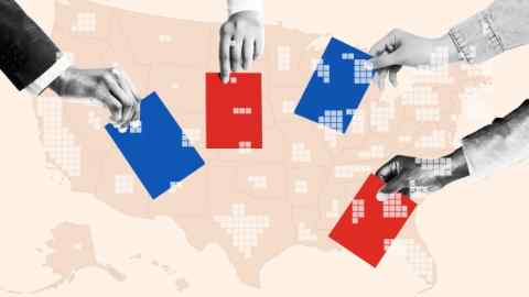 An illustration showing a blank map of the US House of Representatives map overlayed with  four voters’ arms casting red and blue ballots.