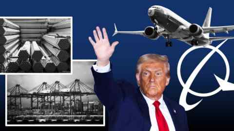 Donald Trump, bundles of steel tubes at a trading market in the outskirts of Shanghai, cars at Lazaro Cardenas port, Mexico, Boeing plane and logo