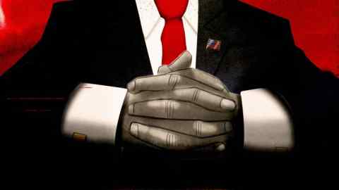 Ann Kiernan illustration of president-elect Trump at his presidential desk, wearing a red tie and badge of the US flag on his suit jacket, with his hands clasped