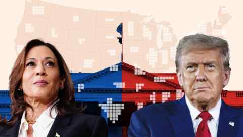 Blank US electoral college map along with an image of the White House and photographs of Kamala Harris and Donald Trump