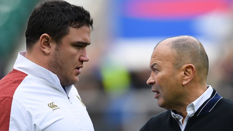 London , United Kingdom - 23 February 2020; England head coach Eddie Jones and Jamie George of England ahead of the Guinness Six Nations Rugby Championship match between England and Ireland at Twickenham Stadium in London, England. (Photo By Ramsey Cardy/Sportsfile via Getty Images)