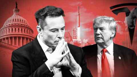 Montage of images of Elon Musk and Donald Trump against a background of the Capitol building, a SpaceX rocket launch and a Tesla logo