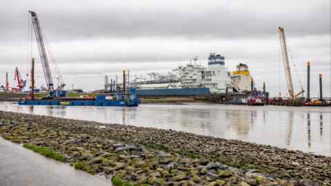 A LNG-laden carrier ship next to Brunsbüttel jetty in Germany in April 2024